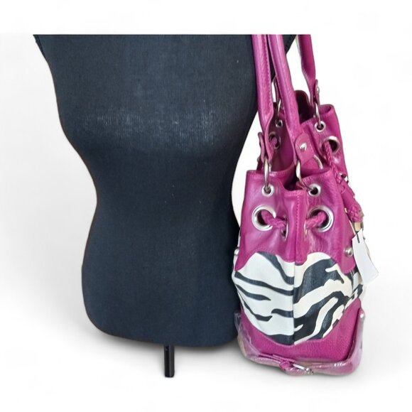 NWT Zebra Stripe Faux Leather Shoulder  Bucket Bag with Fuchsia Pink Trim - Picture 9 of 11